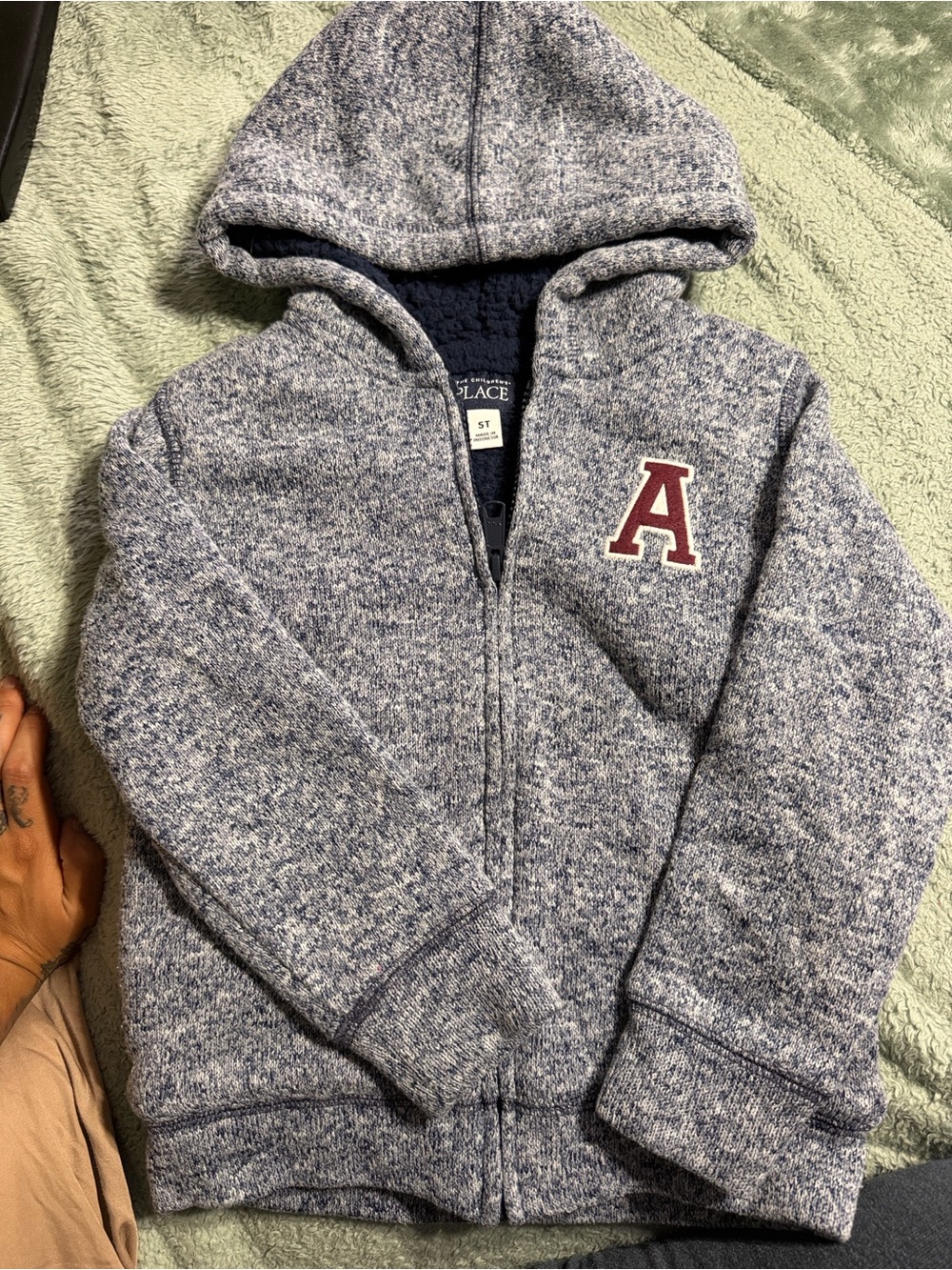 The Children's Place Heathered Navy Zip Hoodie with Maroon 'A' Patch